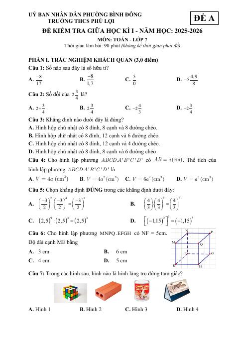Đề thi Giữa kì 1 Toán 7 năm 2025-2026 trường THCS Phú Lợi (TP Hồ Chí Minh)